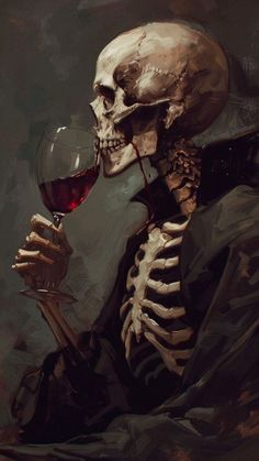 a painting of a skeleton holding a glass of wine in it's hand and looking at the viewer