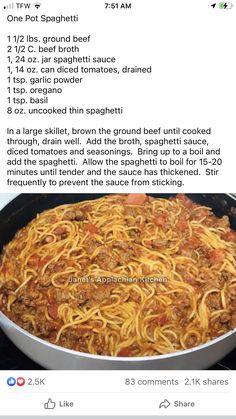 the recipe for spaghetti is shown in an instagramt on facebook, and it appears to be very confusing