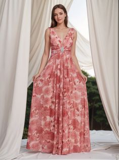 Olivia Mark - Powder Pink Floral Print Chiffon Maxi Dress - Elegant Evening Gown Bridesmaid Formal Dress Floral Print Chiffon Maxi Dress, Elegant Evening Gown, Print Chiffon Maxi Dress, Gown Bridesmaid, Floral Print Chiffon, Evening Gowns Elegant, Dress Dusty, Pink Floral Print, Evening Dresses Elegant