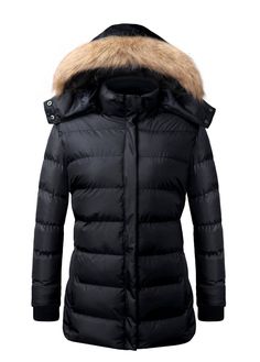 Women's Puffer Coat with Faux-Fur Detachable Hood Faux Fur Hooded Jacket, Quilted Coat, Hooded Coat, Metal Zipper, Faux Fur Coat