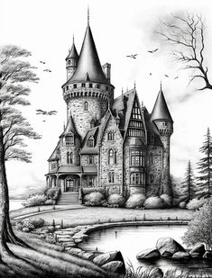 a black and white drawing of a castle in the woods with trees, rocks and water