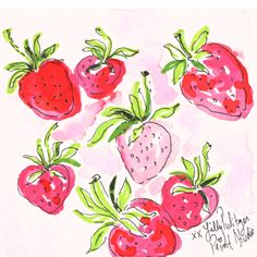 a drawing of strawberries with green leaves