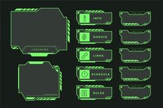 a set of neon green labels and tags for different types of items on black background