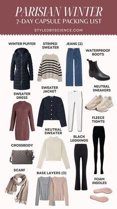 What to pack for Paris in the winter time. Stay warm while looking chic with these core pieces to help you look like a classic Parisian during your time in the city of lights. I also share some pro-packing tips on items you didn't think you needed to stay warm and comfortable during your trip. Master the art of Parisian style with this capsule wardrobe travel guide! Paris Winter Travel Capsule, Winter Bag Outfit, Ireland Packing List Winter, Winter European Travel Outfits, Winter Fashion In Paris, Winter Honeymoon Outfits, Winter Paris Outfits, Winter Capsule Wardrobe Travel, Europe Winter Outfits