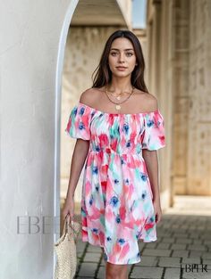 Ebeek - Womens Floral Print Off-Shoulder Dress: Elegant Backless Design, with Short Sleeves - Perfect Addition to Your Wardrobe! Off-shoulder Mini Dress For Beach, Spring Beach Off Shoulder Dress With Short Sleeves, Off-shoulder Mini Dress For Beach Season, Summer Off Shoulder Cold Shoulder Dress For Brunch, Pink Strapless Off-shoulder Dress For Summer, Pink Strapless Off Shoulder Dress For Summer, Pink Strapless Off-shoulder Summer Dress, Pink Strapless Off Shoulder Summer Dress, Spring Beach Off-shoulder Dress With Cold Shoulder Design