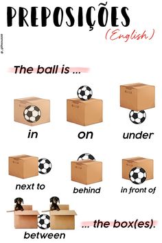 an english poster with the words prepositions and soccer balls on boxes in different languages