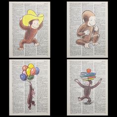 four pictures of monkeys with balloons and hats on their heads, one holding a book