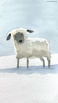 a watercolor painting of a sheep standing in the snow with its head turned to the side