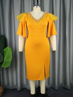 V-neck Beaded Dress Ladies Boutique Bell Bottom Sleeve Dresses Yellow Bodycon Dress, Steps Dresses, V Neck Midi Dress, Half Sleeve Dresses, Rock Design, Hip Dress, Skirt Design, Beaded Dress, African Dress