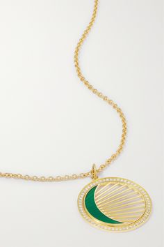 Andrea Fohrman's celestial collections capture all the mysticism and magic of the moon. Handcrafted in Los Angeles, this pendant necklace is painted with green enamel to highlight the crescent shape and set with a cluster of twinkling round-cut diamonds. Green Moon Charm Round Necklace, Green Necklace With Moon Charm, Green Moon Charm Necklace, Luxury Round Pendant Enamel Necklace, Luxury Green Medallion Necklace, Crescent Shape, Enamel Necklaces, Crescent Moon Necklace, Cluster Necklace