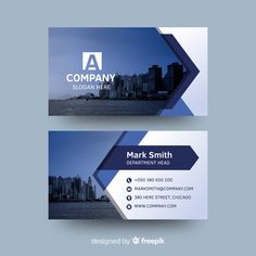 two business card templates with blue and white shapes on the front, side and back