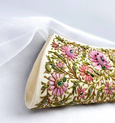 "Stunningly beautiful, opulent champagne colored silk clutch, expertly hand embroidered in silk and embellished with genuine jewels - star rubies, garnets, green onyx. This is a gorgeous wardrobe investment piece! Add instant glamour and elegance to any evening ensemble! Be bold and be noticed Exquisitely hand embroidered by master craftsmen in the historic city of Agra, India, home of the Taj Mahal. Embroidered front and back in the zardozi tradition, using metallic threads, silk and precious s Hand Embellished Beige Bag For Wedding, Beige Hand Embellished Wedding Bag, Beige Hand Embellished Bag For Wedding, Elegant Pink Embroidered Evening Bag, Intricate Embroidery Wedding Clutch, Wedding Pink Embellished Clutch, Pink Pearl Embroidery Bags For Wedding, Pink Wedding Bag With Pearl Embroidery, Pink Wedding Bags With Pearl Embroidery