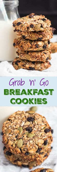 three cookies stacked on top of each other with the words grab'n go breakfast cookies