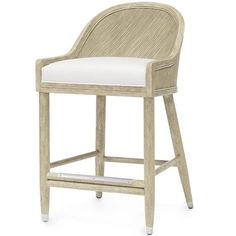 an image of a wooden bar stool with white upholstered seat and backrest