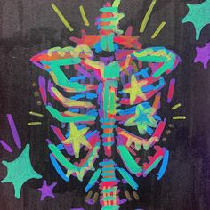 a colorful drawing of a human skeleton surrounded by stars and shapes on a black background