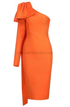 One Sleeve Bow Midi Dress Orange DESIGN: Colour: Orange One shoulder neckline Long sleeve / Sleeveless Bow detail at shoulder Asymmetric design Slit detail at back Allover bandage construction Body sculpting design Exposed zipper at back Stretch Type: Stretchy Gentle Dry Clean Only Length: Midi. Mid-calf length MATERIAL: 90% Rayon + 9% Nylon + 1% Spandex Top quality Rayon: anti-wrinkle, brighter colours. High quality durable bandage fabric. High elasticity for a better fit. Delicate sewing and hemming by durable needle lockstitch machine. YKK zipper (known as the most durable and reliable zippers manufactured today). To maintain the beauty of your gartment, please follow the care instructions on the attached label. Colour may vary due to lighting on images. The product images (without mode Dress Weights, Spandex Top, Orange Design, Dress Orange, Pink Midi Dress, Body Sculpting, Sleeve Midi Dress, Midi Dress With Sleeves, Feminine Look