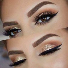 Makeup Ideas Gold, Makeup Gold Eyeshadow, Glitter Eyebrows, Eye Makeup Glitter, Eyeliner Glitter, Make Up Gold, Metallic Makeup, Makeup Gold