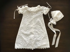 A French White Lace Christening Dress and Bonnet, Belle Baptism Dress Formal Fitted Baptism Dress With Lace Work, Elegant Ruffled Baptism Dress For Church, Elegant Fitted Baptism Dress For Church, Formal Fitted Baptism Dress With Lace Trim, Elegant Baptism Dress With Ruffles For Church, Fitted Lace Dress With Lace Trim For First Communion, Elegant Lace Dress With Lace Trim For Confirmation, Classic White Lace Dress, Elegant Lace Baptism Dress For Church