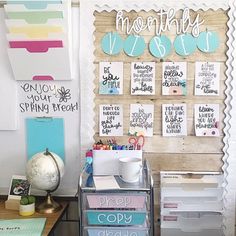 an organized craft room with lots of things on the wall and pictures hanging on the wall