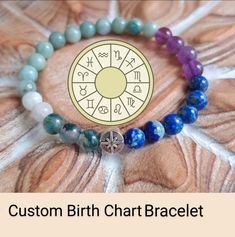 the custom birth chart bracelet with beads and an astro wheel on it's side