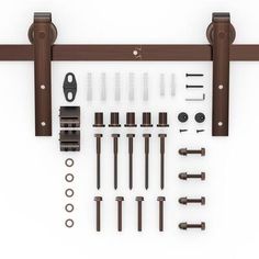 an assortment of hardware and screws on a white background