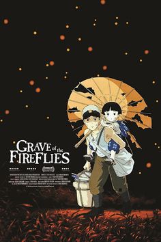 the poster for grave of the fireflies shows two people holding an umbrella in front of fireworks