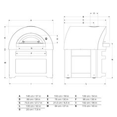 an oven with measurements for the front and side