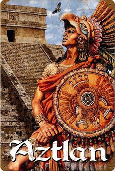 a sign that says aztan with an image of a native american man holding a shield