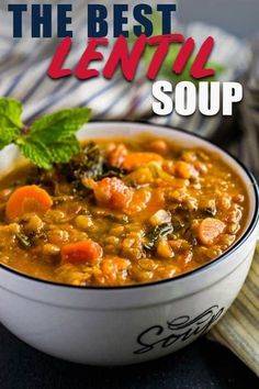 the best lentil soup in a white bowl