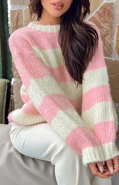 Cotton Candy Pink Stripe Knit Jumper – Beginning Boutique US Comfy Pink Sweater For Fall, Pink Striped Sweater, Cute Lounge, Emma Style, Oversized Striped Sweater, Lounge Looks, 2024 Outfits, Vanilla Girl, Pink Cotton Candy