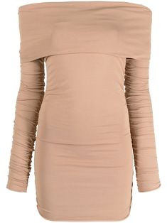 almond beige ruched detailing off-shoulder long sleeves straight hem Khaite Top, Airport Fashion, Brand Style, Dressy Outfits, Shoulder Shirts, Jersey Shirt, Short Dress, Size Clothing, Off The Shoulder