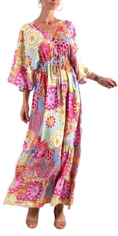 Beautiful Mandalay Print Maxi Dress with Ruffled Bottom. Features a Deep V Neck on Both the Front and the Back. Ties in the Front Above the Waist and Ties in the Back Below the Neck. 100% Viscose One Size Fits Most Made in Italy Multicolor Long Sleeve Peasant Dress, Spring Multicolor Boho Dress With Ruffles, Spring Beach Peasant Maxi Dress, Multicolor Tiered Maxi Dress For Beach, Peasant Style Floral Print Maxi Dress For Vacation, Peasant Style Floral Print Maxi Dress For The Beach, Spring Beach Peasant Dress Maxi Length, Multicolor Boho Dress With Ruffles For Beach, Peasant Style Beach Dress For Spring