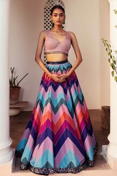 Shop for Seeaash Multi Color Silk Chevron Print Lehenga Set for Women Online at Aza Fashions Cutdana Embroidery, Print Lehenga, Printed Lehenga, Crystal Embroidery, Red Lehenga, Indian Wedding Wear, Organza Dupatta, Chevron Stripe, Chevron Print