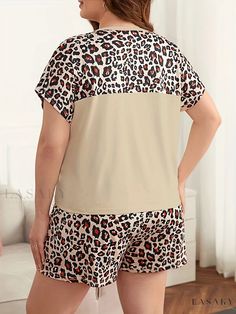 Lasaky - Womens Plus Size Colorblock Leopard Print Casual Pajama Set - Short Sleeve Round Neck Tee & Shorts Loungewear Two-Piece Set Casual Loungewear Sets With Patchwork, Casual Patchwork Sets For Loungewear, Cotton Patchwork Sets For Loungewear, Short Sleeve Patchwork Tops For Loungewear, Multicolor Short Sleeve Color Block Set, Multicolor Crew Neck Sleepwear For Loungewear, Color Block Short Sleeve Tops For Loungewear, Short Sleeve Color Block Tops For Loungewear, Cotton Patchwork Crew Neck Sets