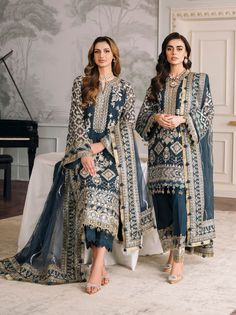 Brand: BaroqueProduct Code: BQU-CH12-D01Collection: Chantelle Vol-12 Unstitched Luxury Formals CollectionFabric: Chiffon DESIGN DETAILS: Embroidered Chiffon Front (1 Yard) Handwork Neckline Organza Patch ( 1 Pc) Embroidered Chiffon Back (1 Yard) Embroidered Digital Printed Silk Front & Back Border (1.80 Yards) Embroidered Organza Front & Back Border (1.80 Yards) Embroidered Chiffon Sleeves (0.72 Yards) Embroidered Organza Sleeves Border (2) (1.25 Yards Each) Digital Printed Silk Sleeves Border ( Blue Dupatta, New Embroidery Designs, Pakistani Party Wear, Chiffon Sleeves, Eid Outfits, Organza Sleeves, Designer Salwar Kameez, Chiffon Collection, Embroidered Chiffon