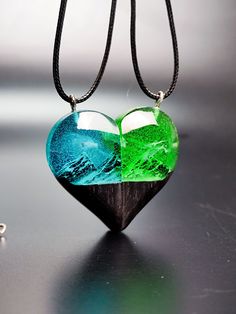 Matching Couple Necklaces, Paired Heart Pendants, Wood Resin Jewelery, Glowing Mountain Pendants, Gift For Couple, Birthday Gift Heart Shaped Blue Jewelry For Birthday, Blue Heart-shaped Necklace For Birthday, Handmade Green Heart Shaped Necklace, Handmade Green Heart Necklace, Green Heart-shaped Necklace For Gift, Green Heart Beads Necklace As Gift, Green Heart Necklace For Valentine's Day Gift, Green Heart Necklace For Gift, Heart Beads Jewelry For Valentine's Day Crafting