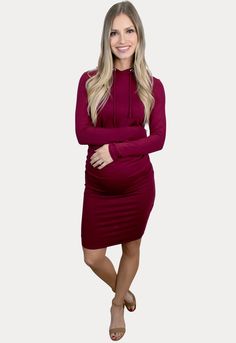 This trendy hooded pregnancy dress was made for your mama wardrobe! Features a stylish hood, long sleeves and ruching on the side. Constructed of our ultra-soft, stretch material and part of our light-weight collection. It hugs all the right places and still leaves a smooth, flattering appearance. Complete comfort without sacrificing an ounce of style! Wear throughout all nine months of pregnancy and beyond! Casual Long Sleeve Maternity Dress For Fall, Ruched Long Sleeve Maternity Dress, Long Sleeve Ruched Maternity Dress, Months Of Pregnancy, Pregnancy Fashion Fall, Maternity Styles, Pregnancy Dress, Pregnancy Months, Trendy Maternity