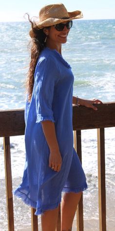 This dress is versatile and easy to use. Perfect for the beach or any other informal occasion. 75% linen 25% Cotton Made in Italy One Size Fits Most Model is 5'8 Blue Linen Dress For Spring Vacation, Blue Relaxed Fit Linen Summer Dress, Blue Linen Summer Dress For Vacation, Casual Linen Dress For Vacation, Casual Ramie Linen Dress For Vacation, Spring Linen Beach Dress For Day Out, Linen Beach Dress For Spring Day Out, Spring Day Out Linen Beach Dress, Casual Linen Beach Dress