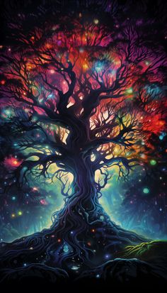 a painting of a tree with colorful lights on it