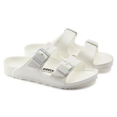 Arizona EVA Summer Sandals With Cork-bed Midsoles For Outdoor, White Double Strap Footbed Sandals For Beach, White Light Beach Sandals, Lightweight White Sandals For Beach, White Double Strap Slides For Beach, White Double Strap Slides For The Beach, White Slides With Cork-bed Midsoles For Beach, Casual White Double Strap Sport Sandals, White Birkenstocks