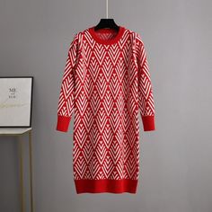 Multicolor Printed O Neck Knit Sweater Dress For Women Red Red Stretch Midi Dress For Winter, Elegant Red Sweater Dress For Fall, Elegant Red Knit Sweater, Elegant Red Knee-length Sweater Dress, Red Knee-length Sweater Dress For Spring, Elegant Red Sweater For Spring, Casual Red Knee-length Sweater Dress, Long Sweaters For Women, Long Sweater Dress