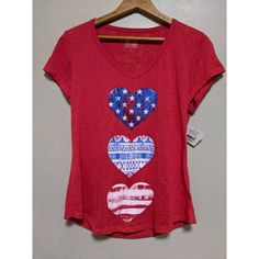 New Sheer T-Shirt. Patriotic Vneck Top. Made In Usa V-neck Top With Heart Graphic For Summer, Casual V-neck Top With Heart Print, Red Heart Print Casual Top, Casual Red Top With Heart Print, Casual Red Heart Print Top, V-neck Tops With Heart Graphic For Summer, Red Heart-shaped Top With Graphic Print, Red Short Sleeve T-shirt With Heart Print, Casual Red Top With Heart Graphic