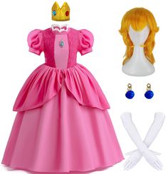 the princess dress is pink and has long blonde hair, with white gloves on it