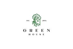 the green house logo is shown in black and white, with an image of a plant on