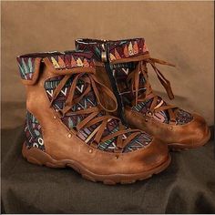 Women's Ethnic Style Lace-Up Ankle Boots with Multicolor Tribal Pattern and Suede Accents, Comfortable Casual Footwear for Outdoor Adventures 2024 - $29.99 Nude Boots, Short Winter Boots, Basic Boots, Comfy Flats, Orthopedic Shoes, Boots Women Fashion, Leather Boots Women, Winter Boots Women, Flat Boots