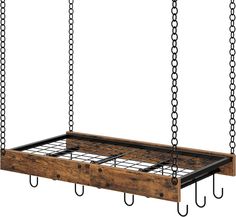 a wooden frame with metal bars hanging from it's sides and two hooks on each side