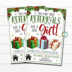 two christmas refer cards with presents on them