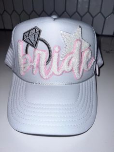 Handmade & designed bridal inspired Trucker Hat Bridal Trucker Hats, Personalized Trucker Hat, Bride Trucker Hat, Mama Trucker Hat, Trucker Hat Designs Ideas, Hats Ideas, Hat Bar, Marriage Material, Patch Hats