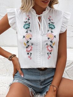 White Boho Collar Cap Sleeve Fabric Floral Top Embellished Non-Stretch  Women Clothing Women Lace Blouse, Tie Neck Blouse, Boho Patterns, Vintage Blouse, Tie Front Blouse, Blouse Vintage, Embroidered Blouse, Lace Blouse, Floral Top