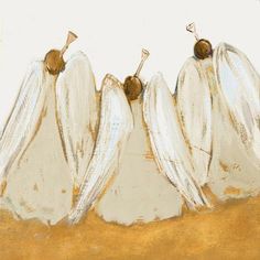 three white angel wings sitting on top of each other in front of an orange background